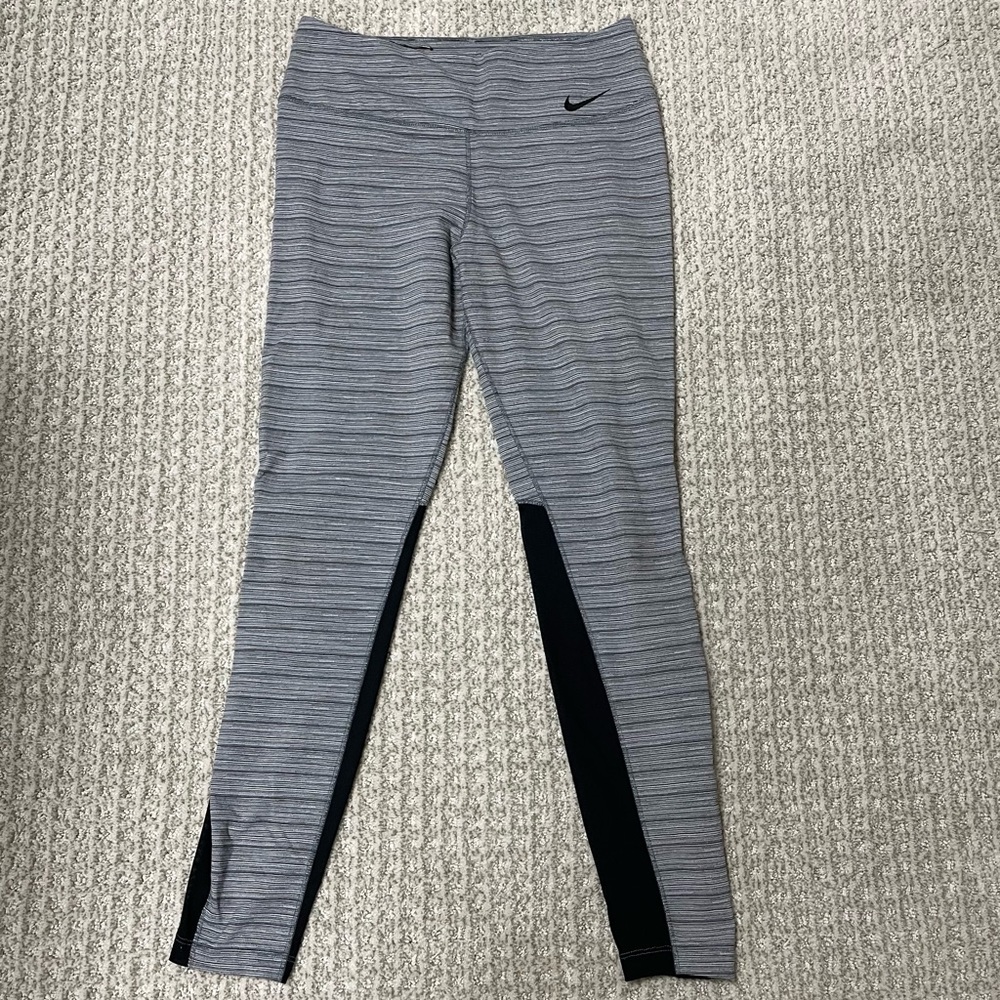 Women’s, (L), Nike Dri-Fit, Workout Pants, Heathered Grey/Black w/ Sheer Panel